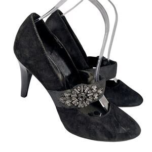 NWOT! TAHARI! BLACK GENUINE SUEDE LEATHER W/PATENT HEEL, BEADED DETAIL HEELS! 8M